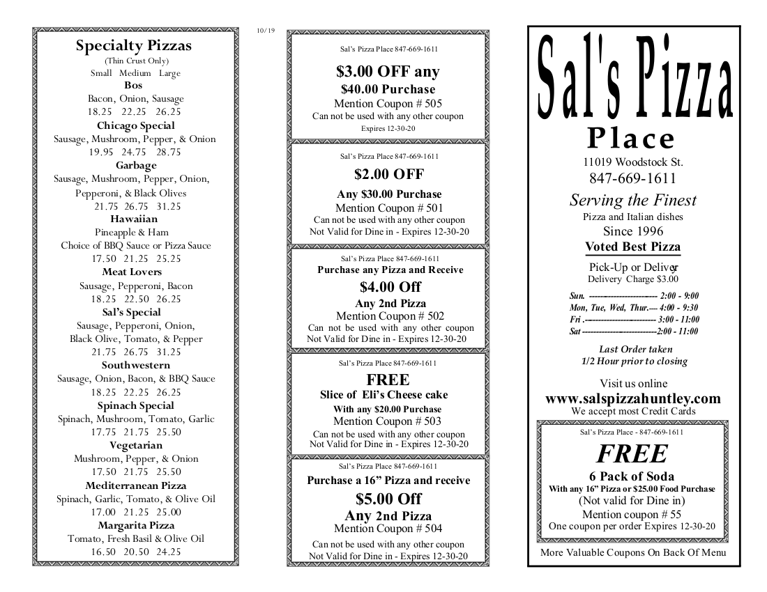 Traditional Menu - Sal's Pizza Place