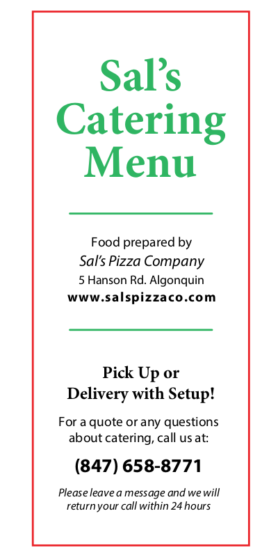 Cover of the catering menu for Sal's Pizza Place