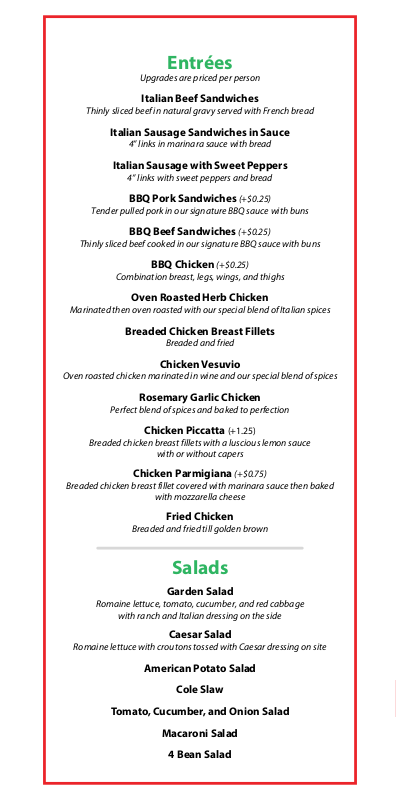 List of entrees and salads on catering menu by Sal's Pizza Place