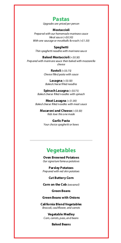 List of pastas and vegetables on catering menu of Sal's Pizza Place