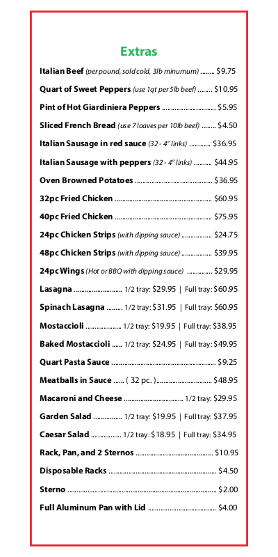 List of catering extras for Sal's Pizza Place